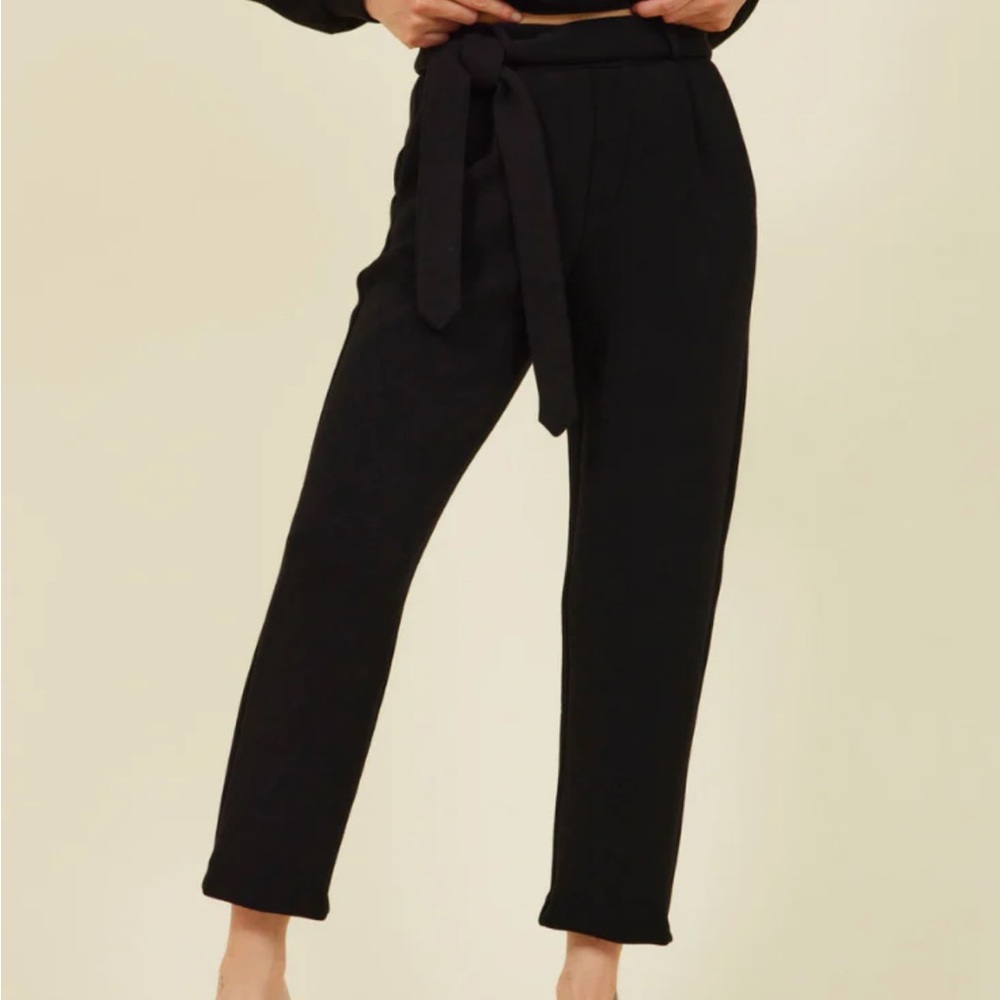 Leze The Label Black High-Waist Tie Belt Tapered Pants